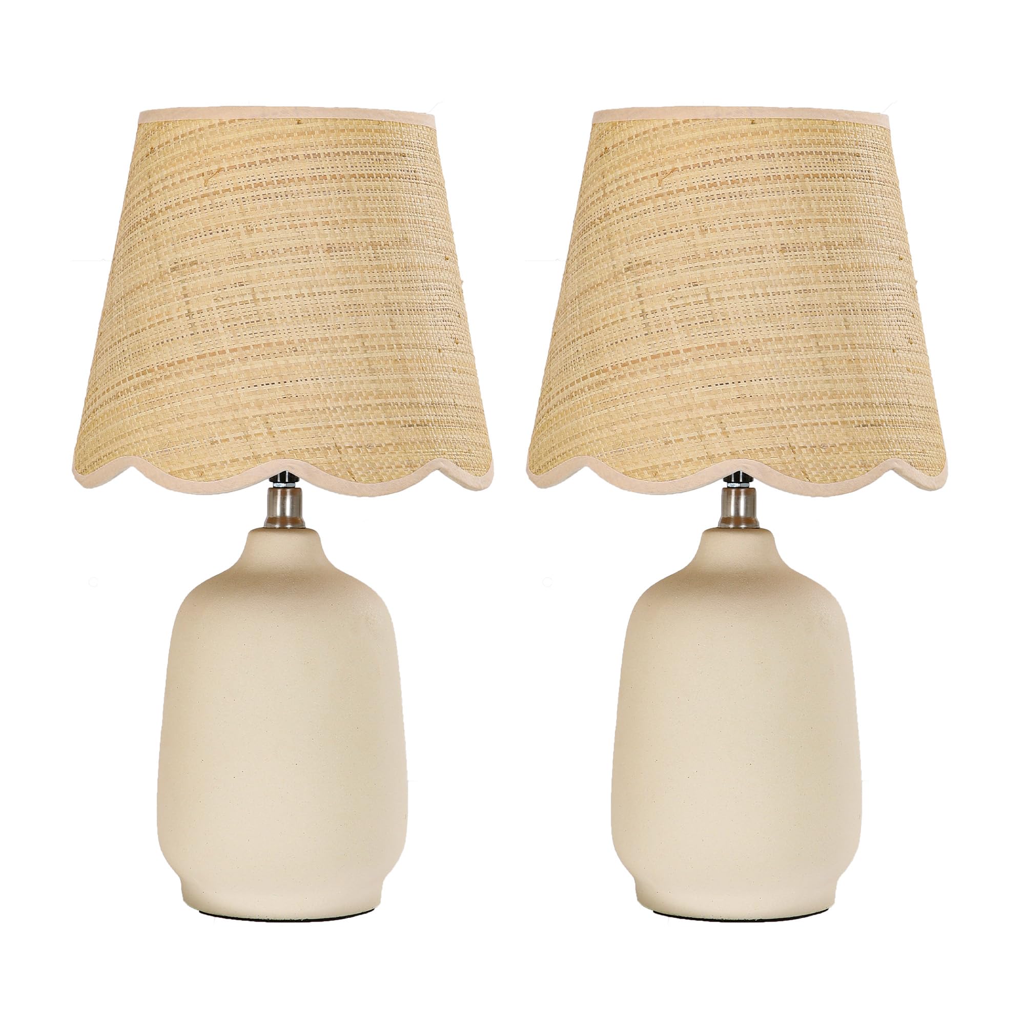 Pia Ricco 19" Modern Ceramic Table Lamp for Living Room Cream Base Desk Lamps for Bedroom Farmhouse Bedside Nightstand Lamp End Table Lamps,Beige,Rattan Shade