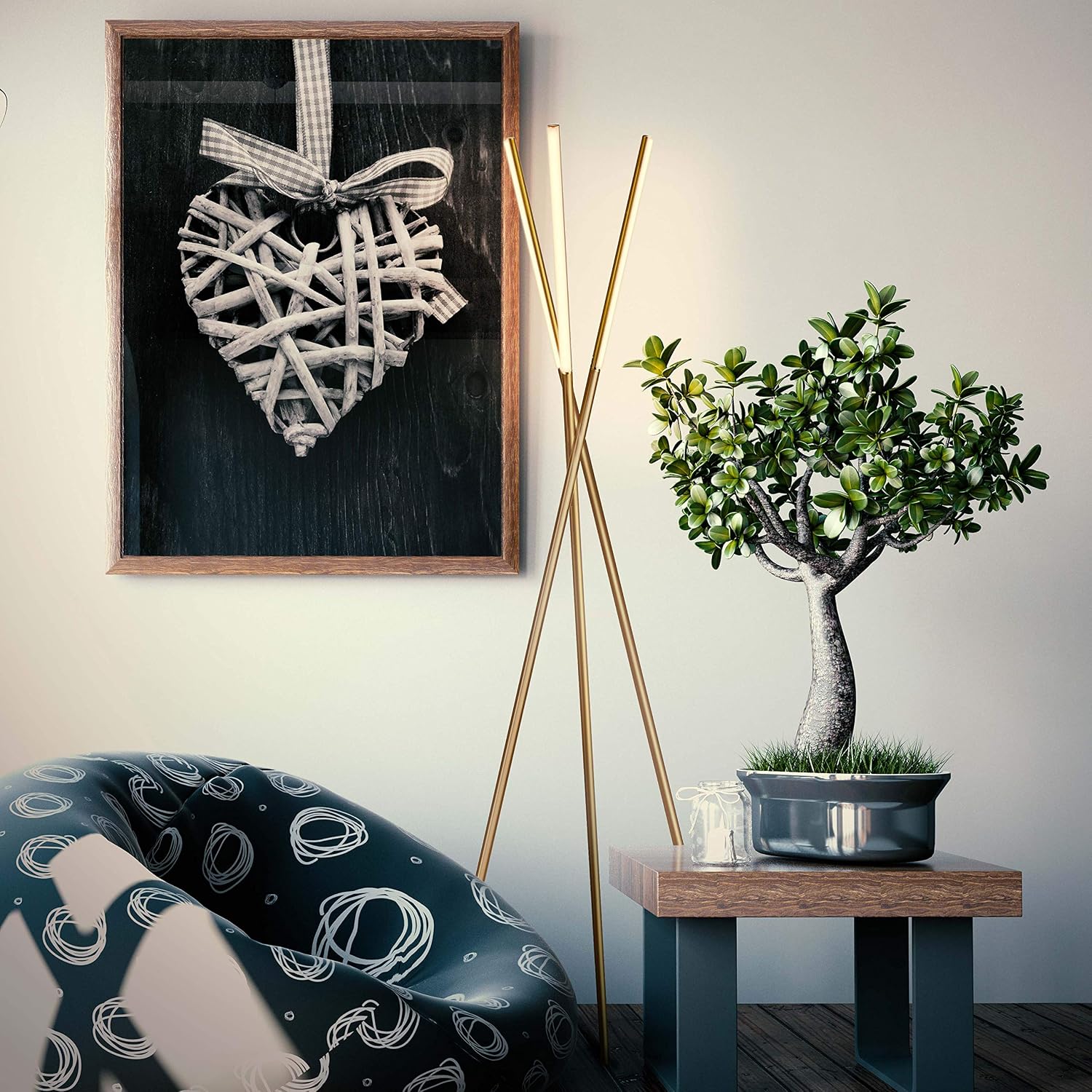 Brightech Stix Dimmable Gold Antique Brass LED Tripod Floor Lamp with 3 Lights, Modern Contemporary Standing Light for Living Room Bedroom Office