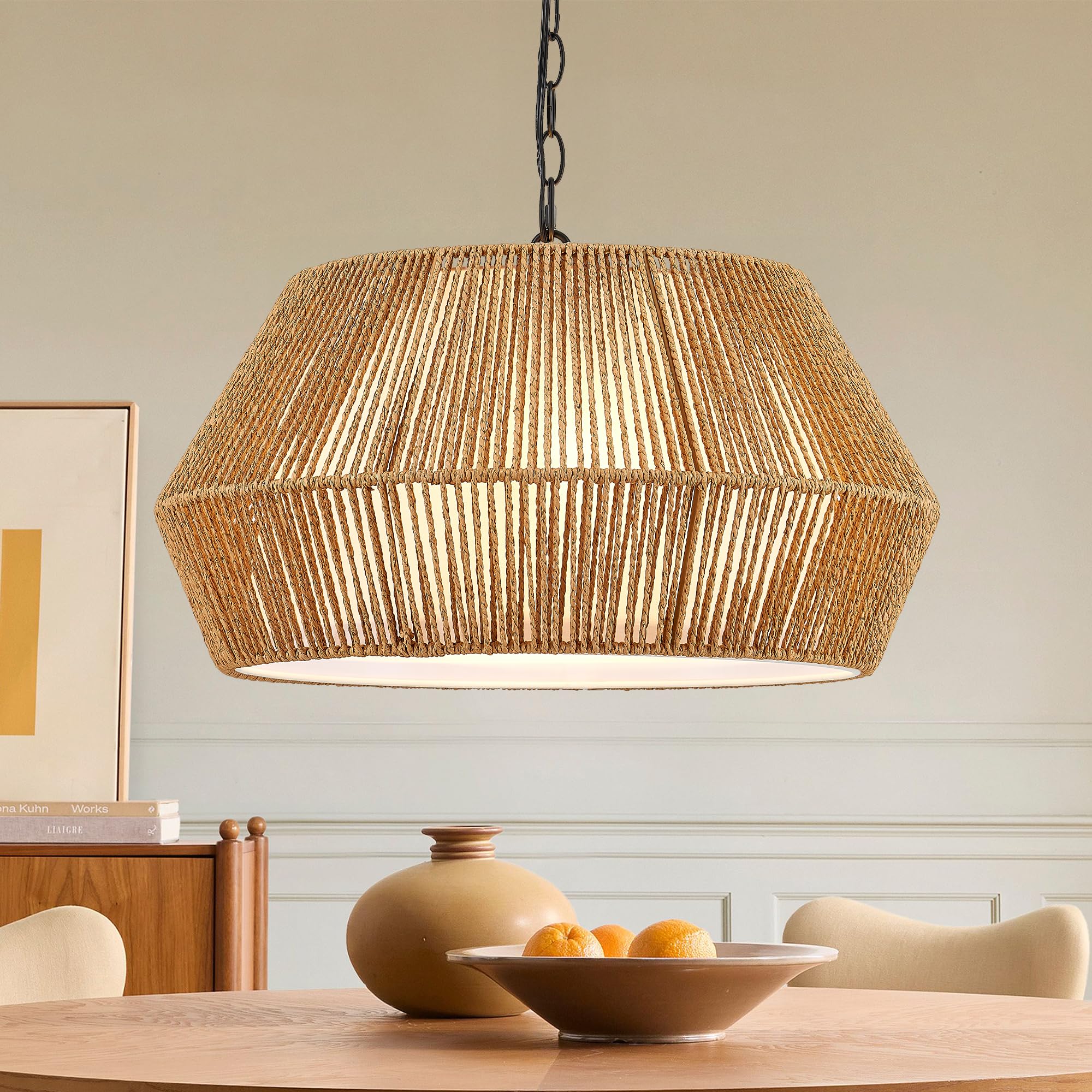 ELYONA Boho Woven Pendant Lights 7” Rustic Rattan Hanging Lamp Adjustable Handwoven Basket Shade, Japandi Pendant Light Fixtures for Kitchen Island, Dining Room, Bedroom, Farmhouse Bar, Foyer Hallway