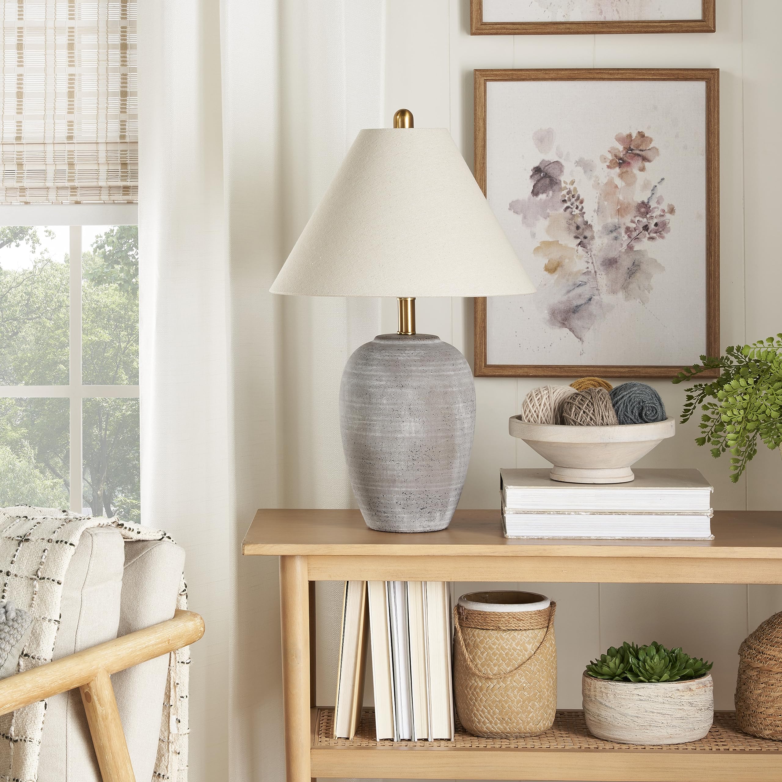 Nourison Home 23" Natural White Ceramic Jar Table Lamp for Bedroom, Living Room, Dining Office, with Off-White Shade
