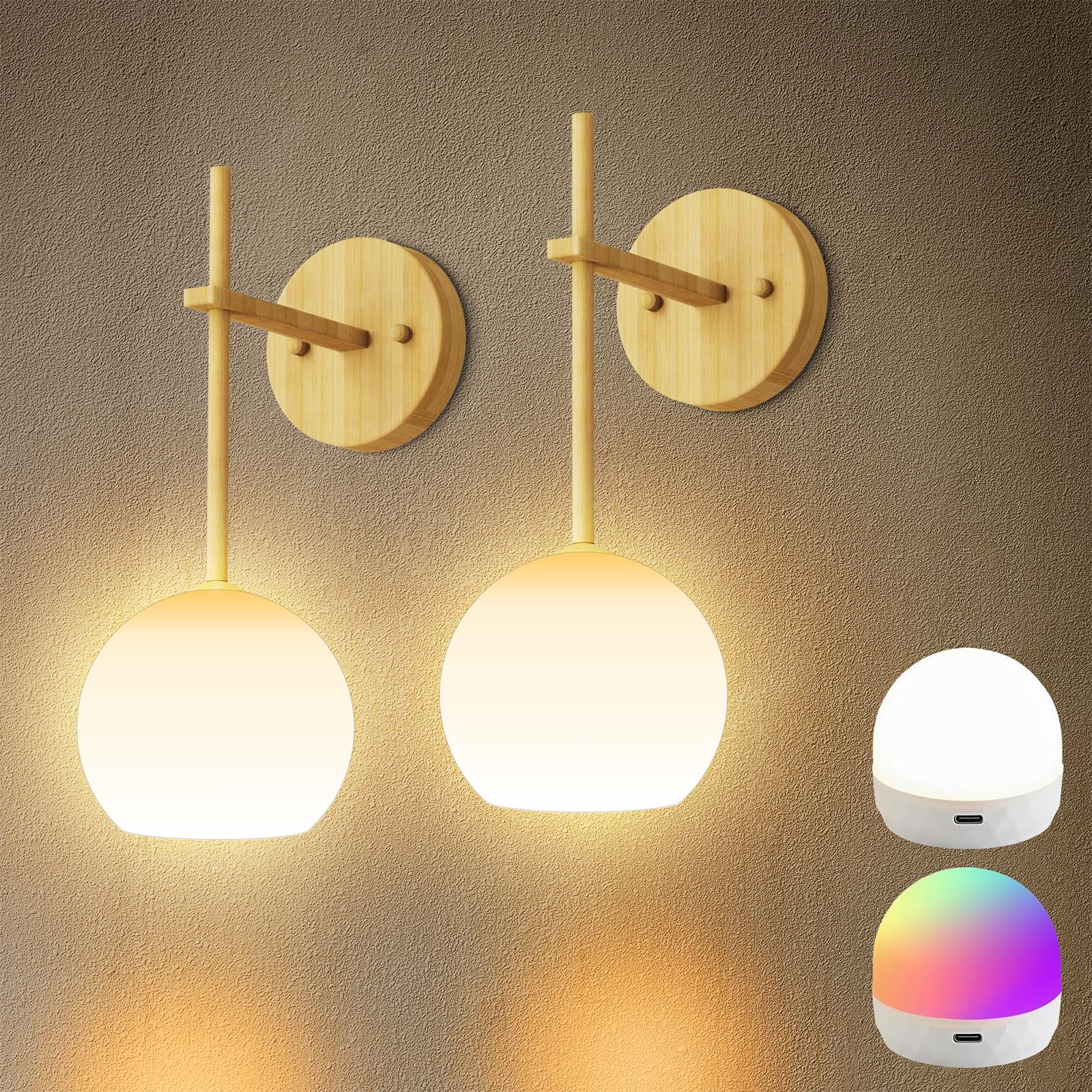 Black Battery Operated Wall Sconces Set of 2, Rechargeable Wireless Wall Lights with Milky White Frosted Glass Shade, 12 RGB and 3CCT Dimmable, Wall Lamps with Remote for Bedroom Living Room Hallway