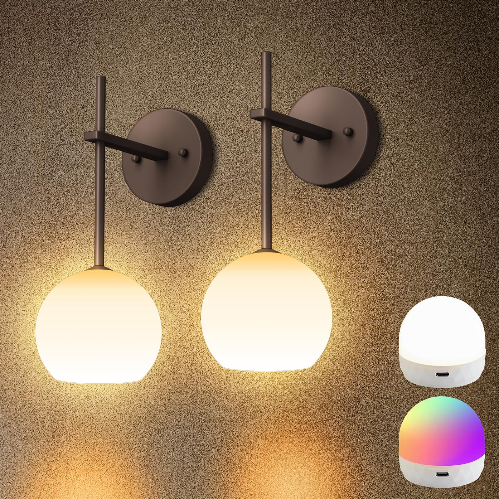 Black Battery Operated Wall Sconces Set of 2, Rechargeable Wireless Wall Lights with Milky White Frosted Glass Shade, 12 RGB and 3CCT Dimmable, Wall Lamps with Remote for Bedroom Living Room Hallway