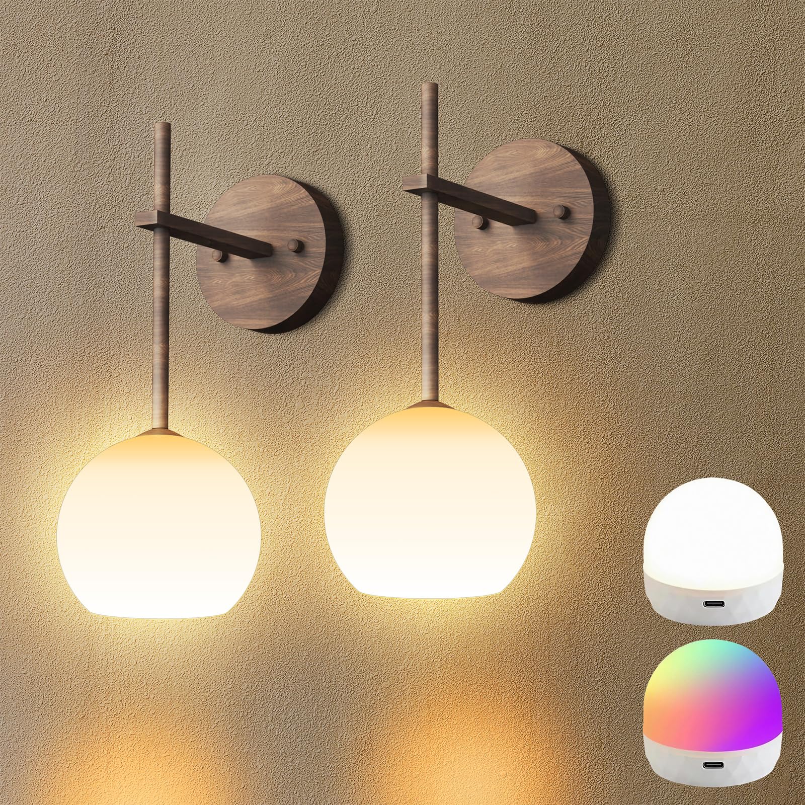 Black Battery Operated Wall Sconces Set of 2, Rechargeable Wireless Wall Lights with Milky White Frosted Glass Shade, 12 RGB and 3CCT Dimmable, Wall Lamps with Remote for Bedroom Living Room Hallway